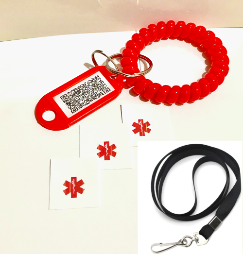 Medical accessory pack containing a bracelet, necklace, and multiple medical stickers