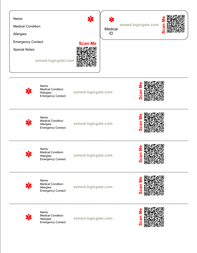 Printable Medical ID Template with Bracelet, Tag, and Card